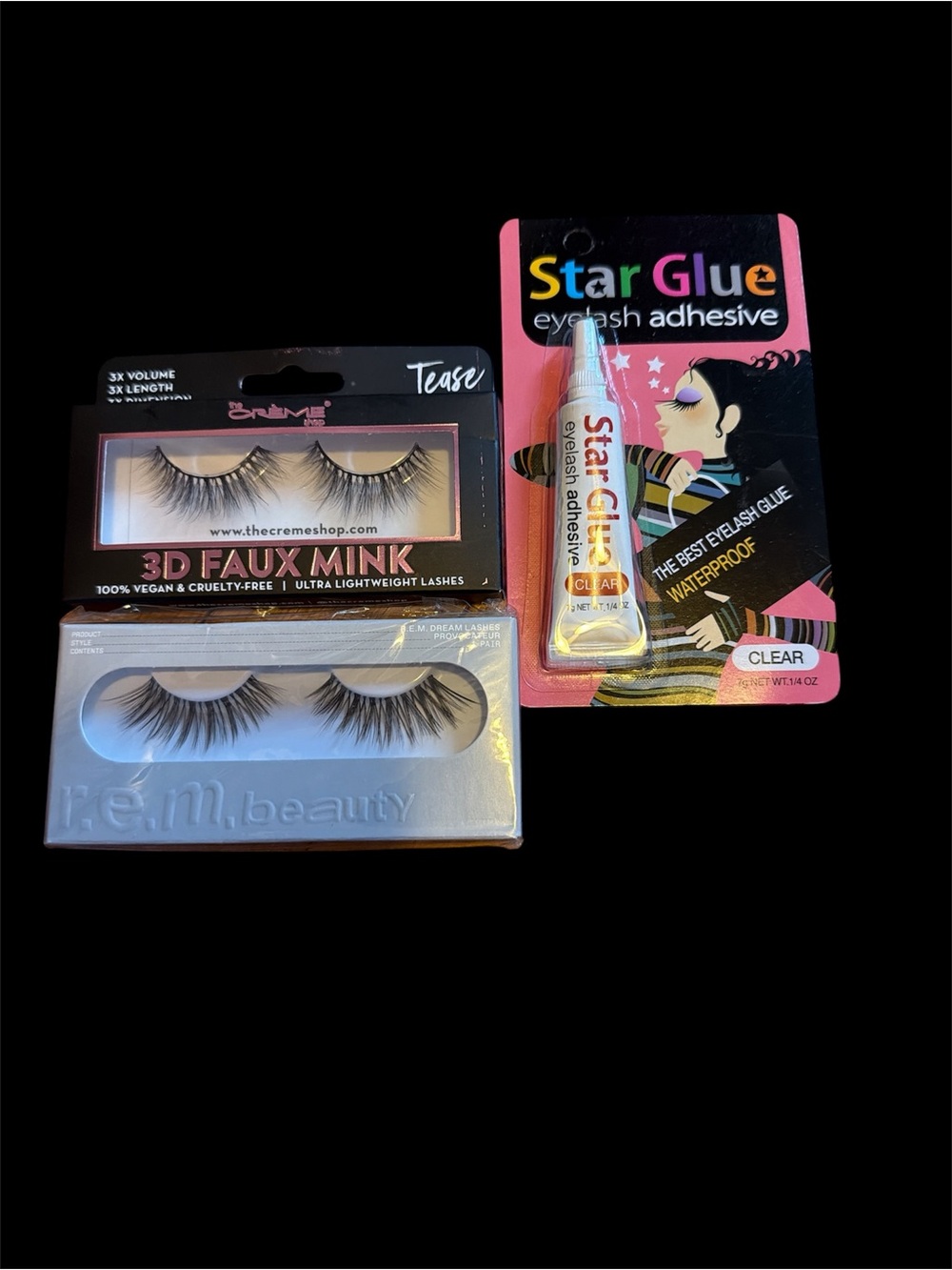 3D Faux Mink Crème Shop & r.e.m. Beauty Lashes with Star Glue Clear Adhesive